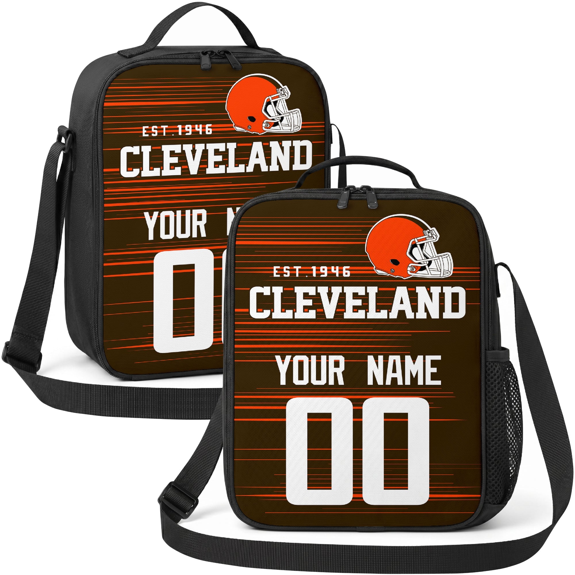 Cleveland personalized football shoulder bag in brown orange and white showing front and angled views with custom name and number