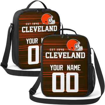 Cleveland personalized football shoulder bag in brown orange and white showing front and angled views with custom name and number
