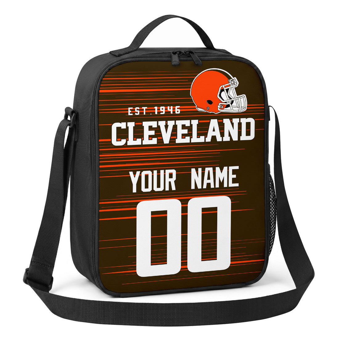 Cleveland personalized football shoulder bag in brown orange and white showing front and angled views with custom name and number