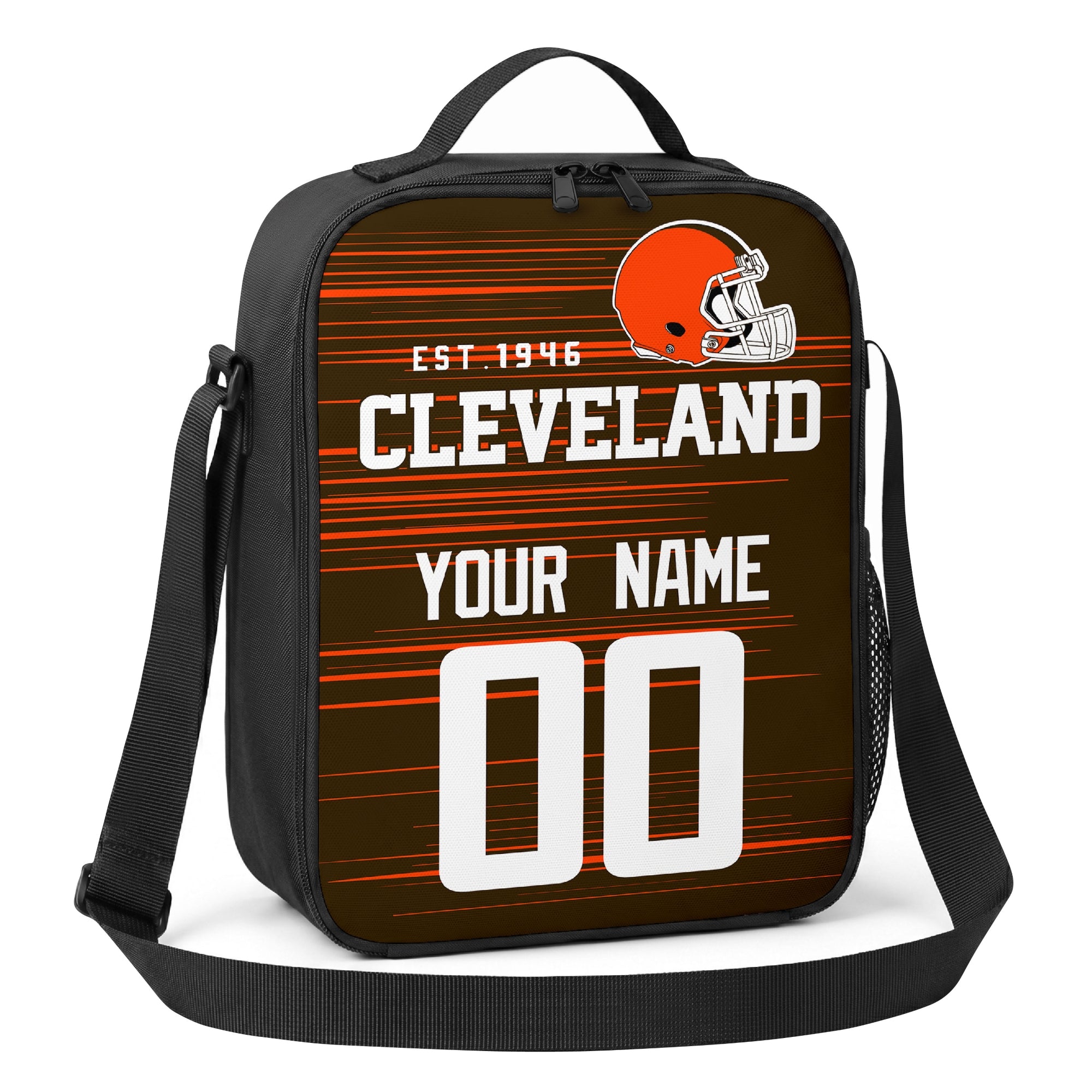 Cleveland brown orange and white personalized football shoulder bag angled view with top handle and shoulder strap