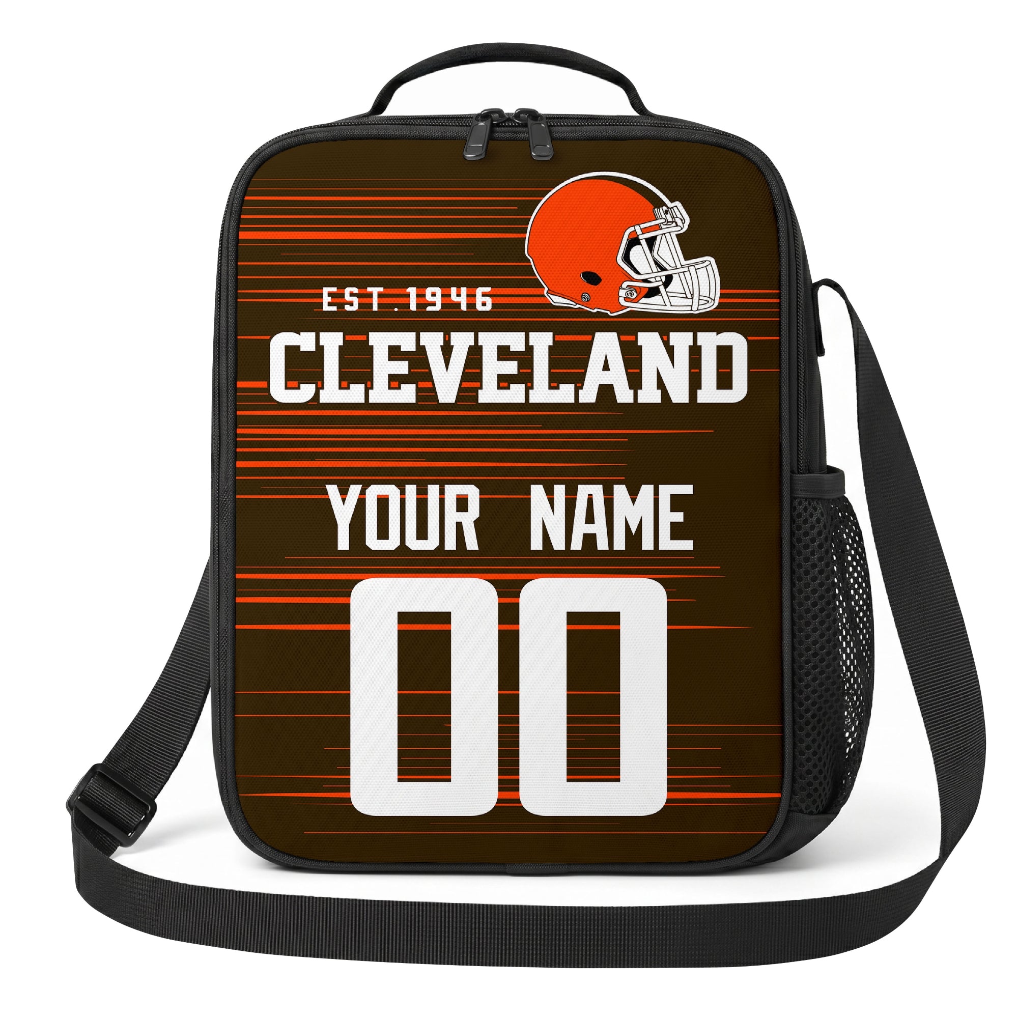 Cleveland brown orange and white personalized football shoulder bag alternate angled view with side mesh pocket and custom name number design