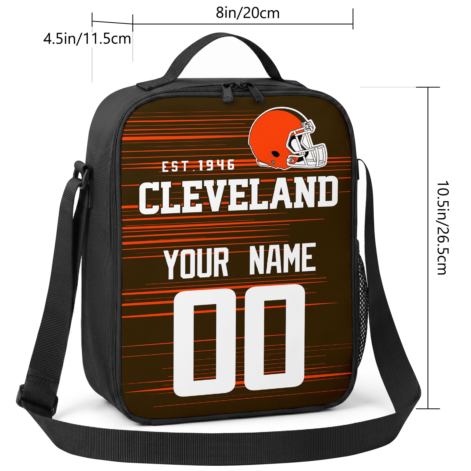 Cleveland personalized football shoulder bag size guide showing 8 inch width 4.5 inch depth and 10.5 inch height