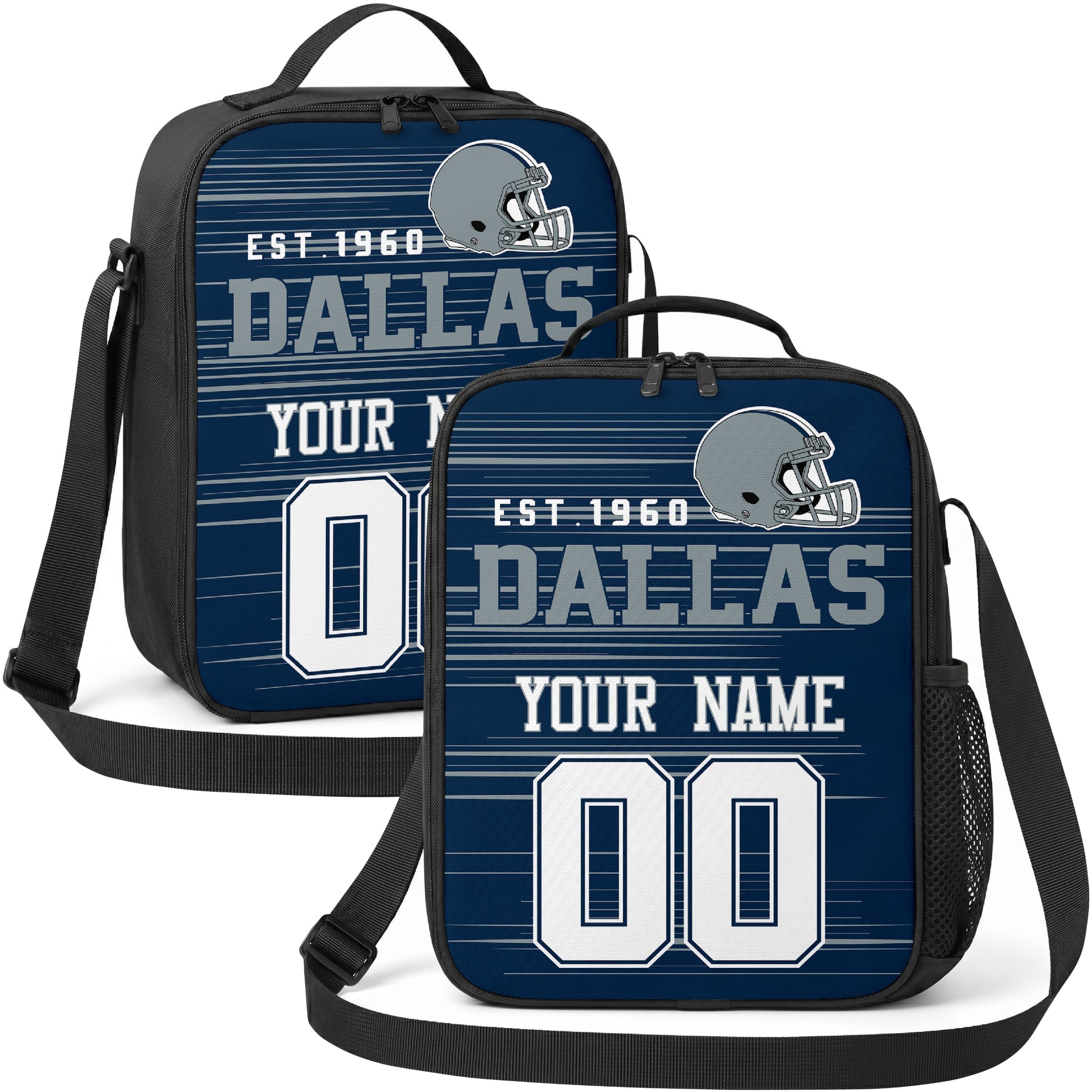 Dallas personalized football shoulder bag in navy blue and white showing front and angled views with custom name and number
