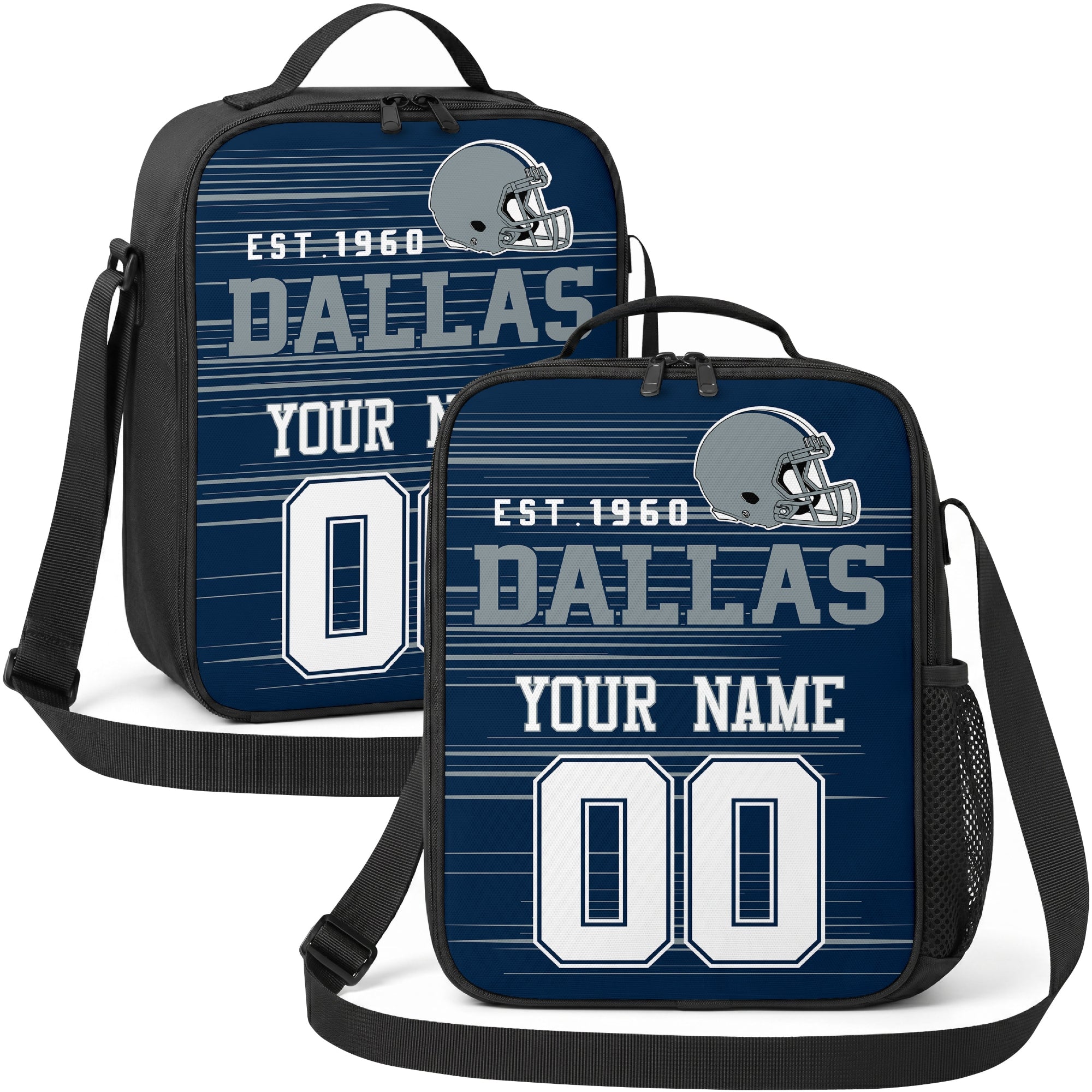 Dallas personalized football shoulder bag in navy blue and white showing front and angled views with custom name and number