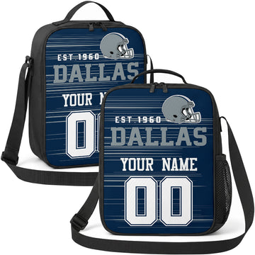 Dallas personalized football shoulder bag in navy blue and white showing front and angled views with custom name and number
