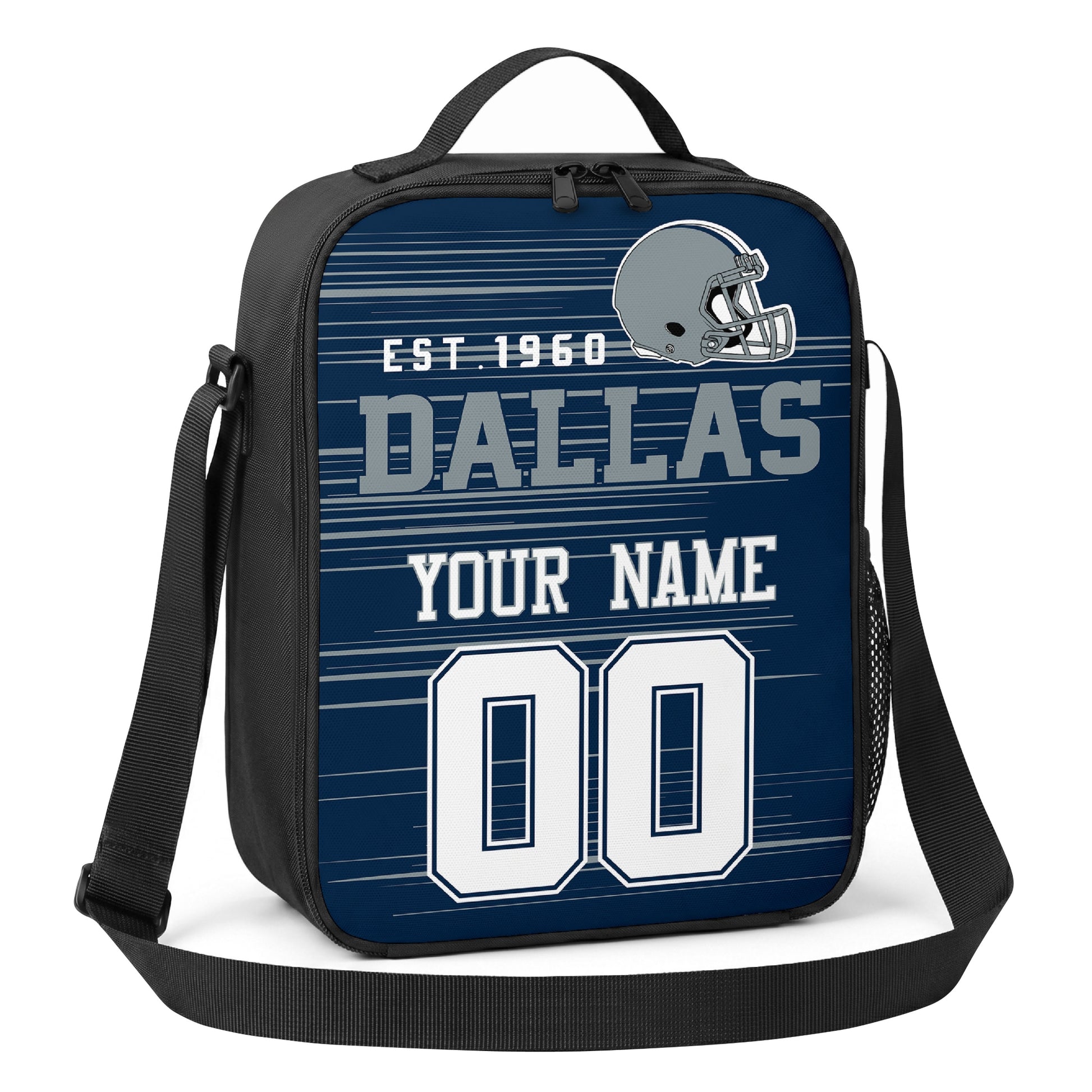 Dallas navy blue and white personalized football shoulder bag angled view with top handle and shoulder strap