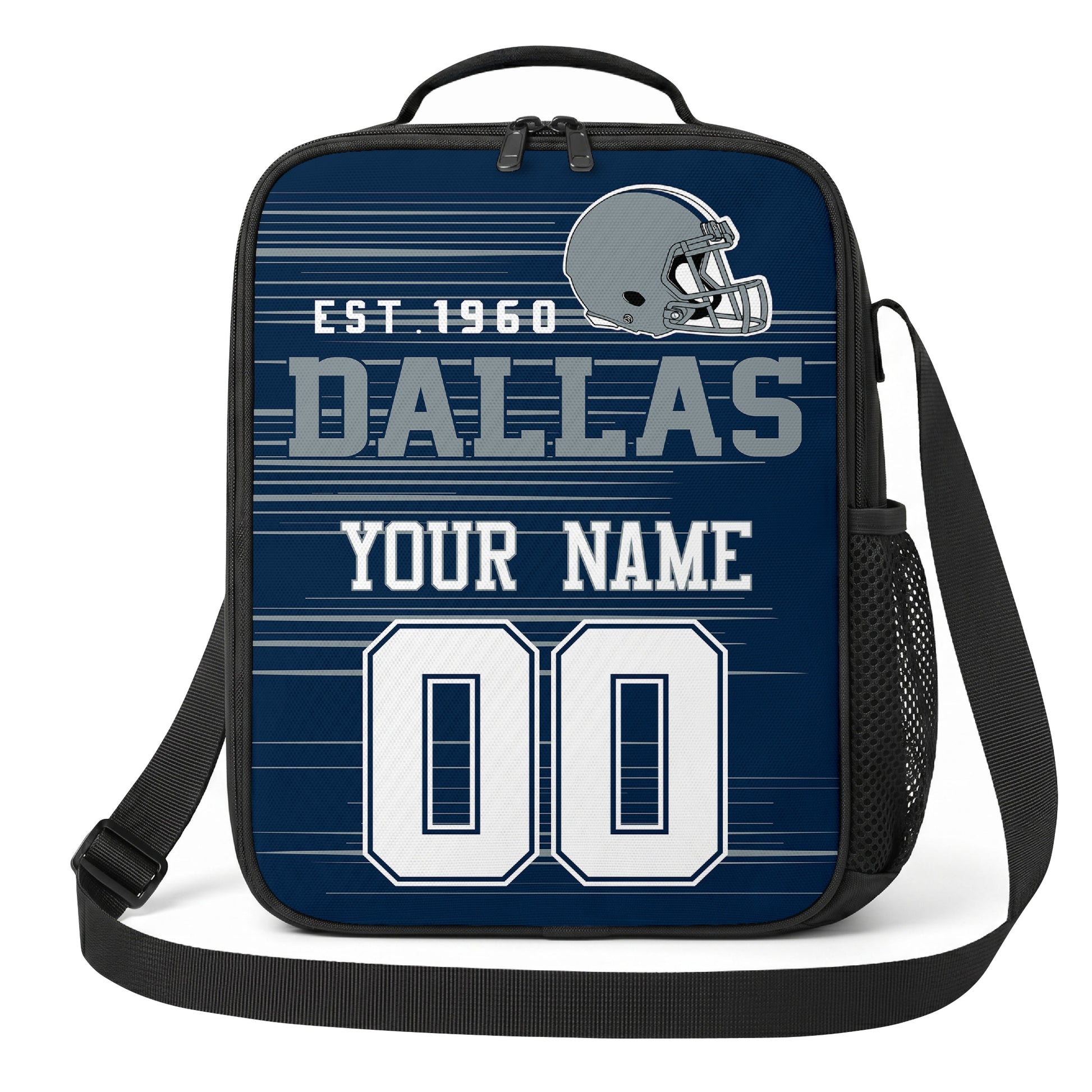 Dallas navy blue and white personalized football shoulder bag alternate angled view with side mesh pocket and custom name number design