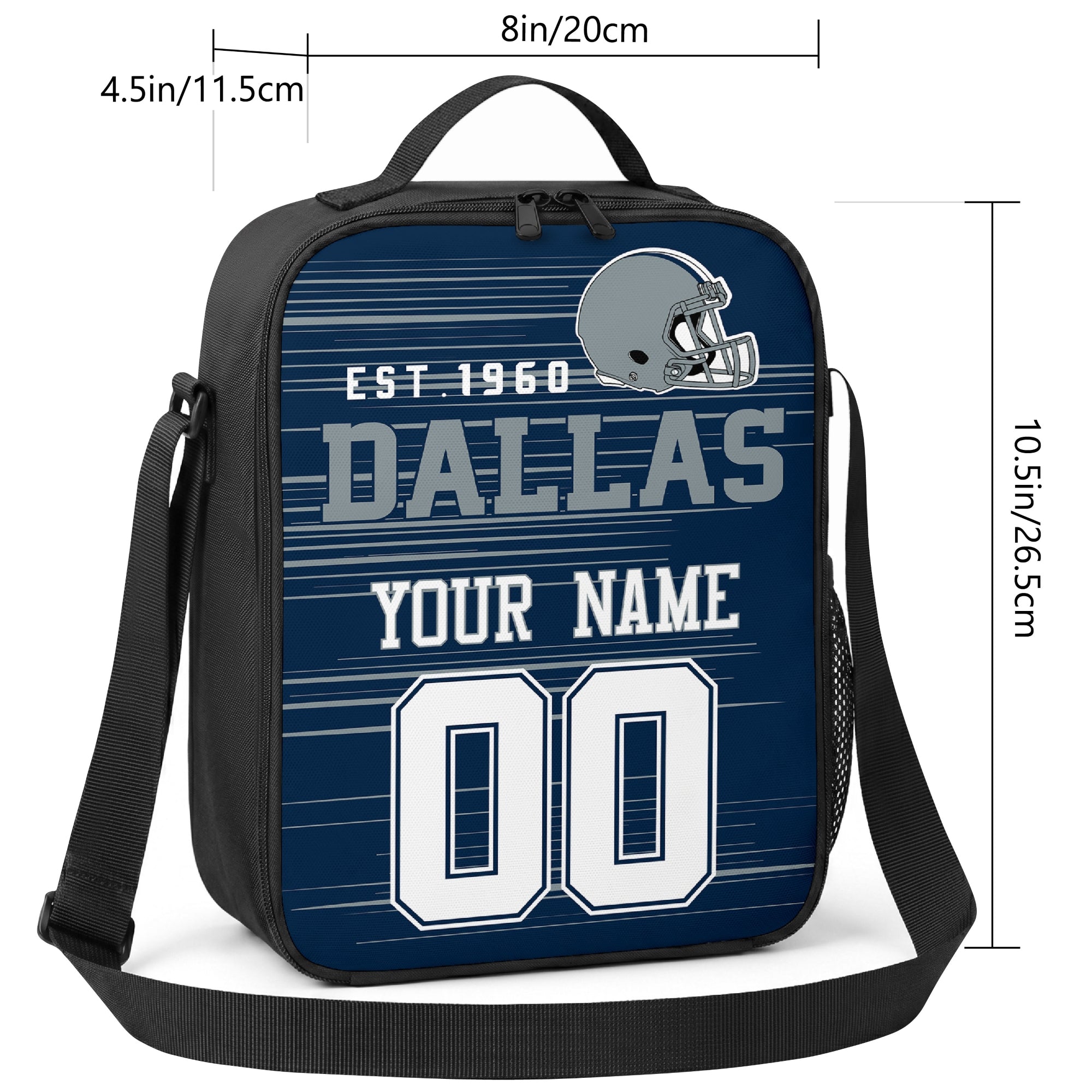 Dallas personalized football shoulder bag size guide showing 8 inch width 4.5 inch depth and 10.5 inch height