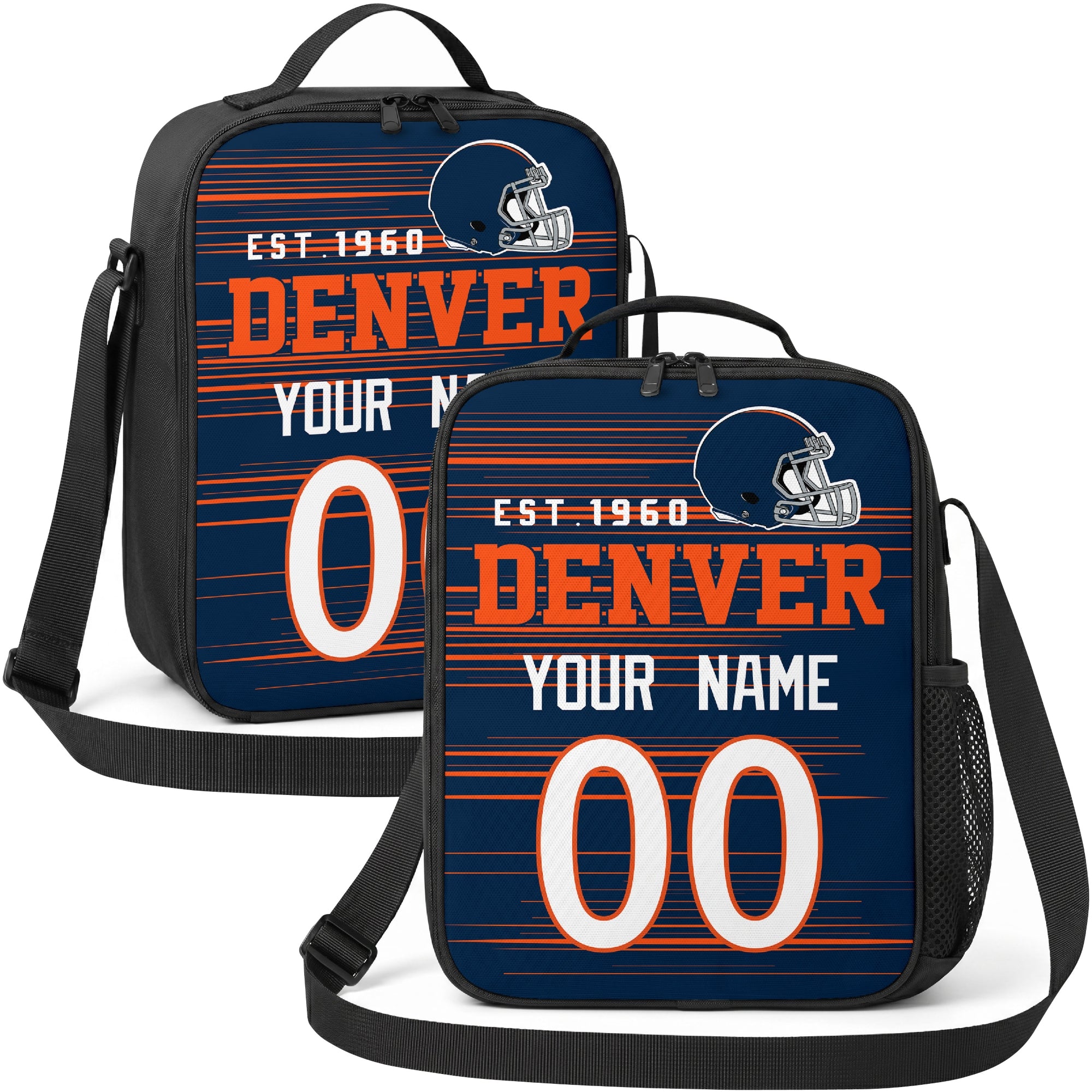 Denver personalized football shoulder bag in navy orange and white showing front and angled views with custom name and number