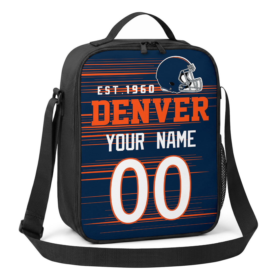 Denver personalized football shoulder bag in navy orange and white showing front and angled views with custom name and number