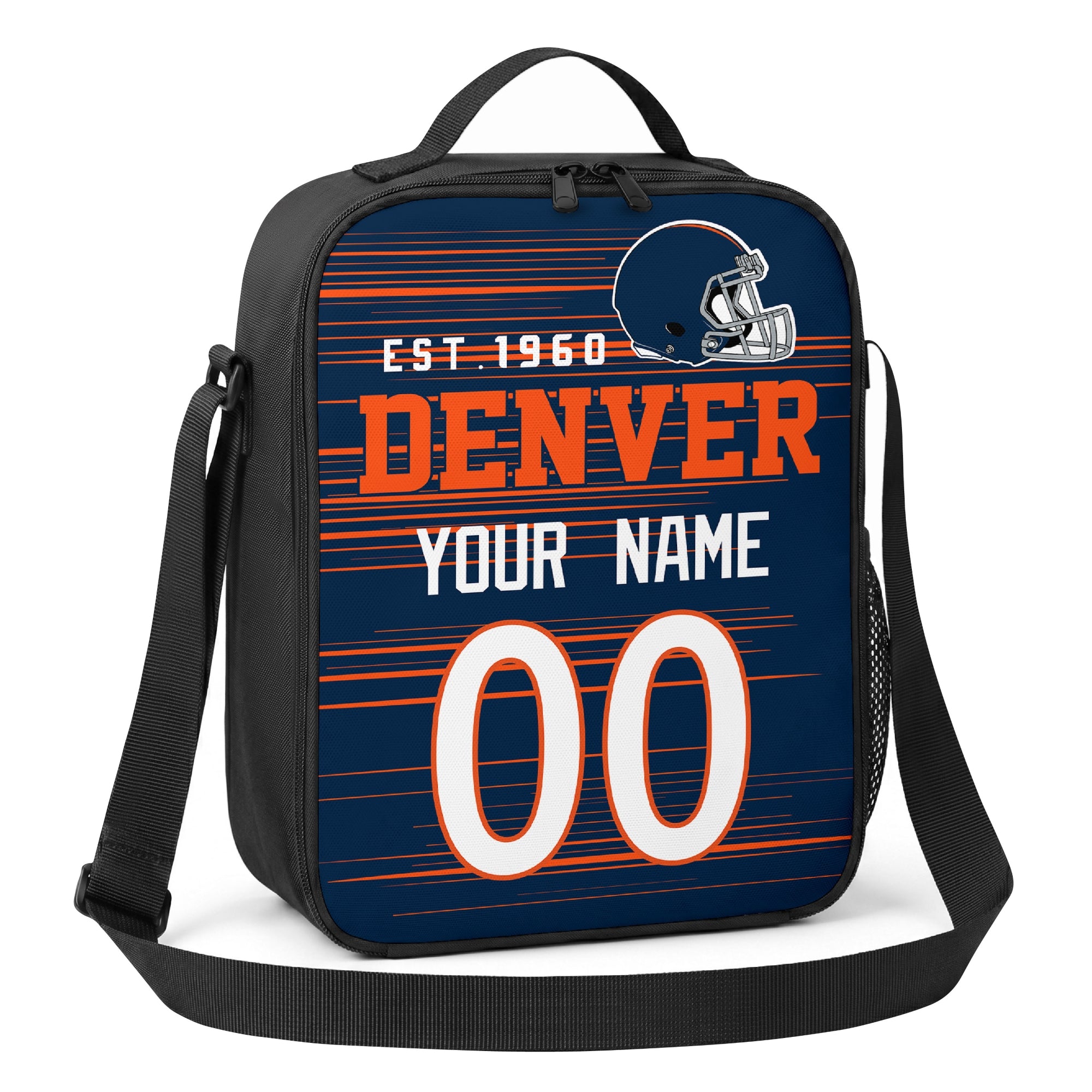 Denver navy orange and white personalized football shoulder bag angled view with top handle and shoulder strap