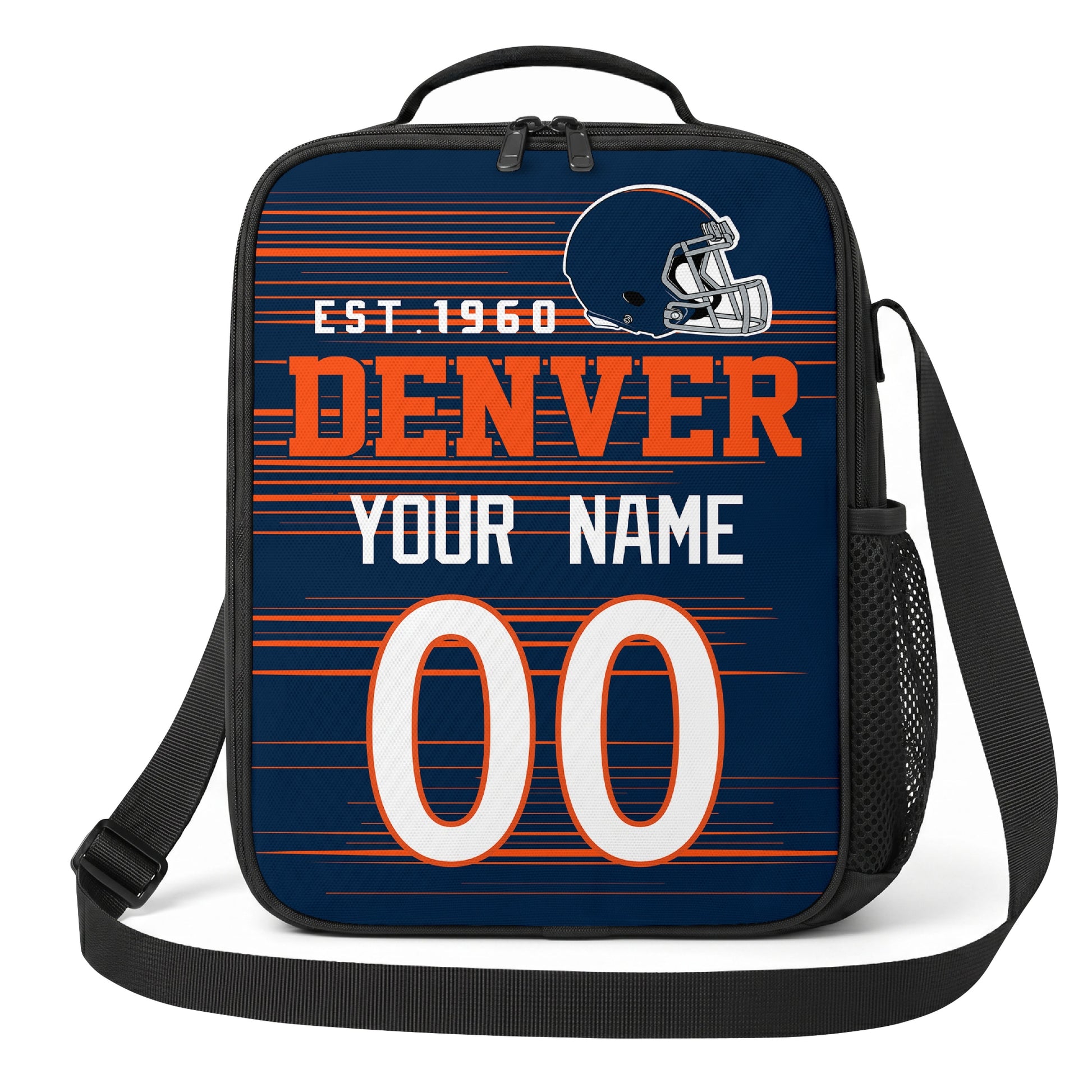 Denver navy orange and white personalized football shoulder bag alternate angled view with side mesh pocket and custom name number design