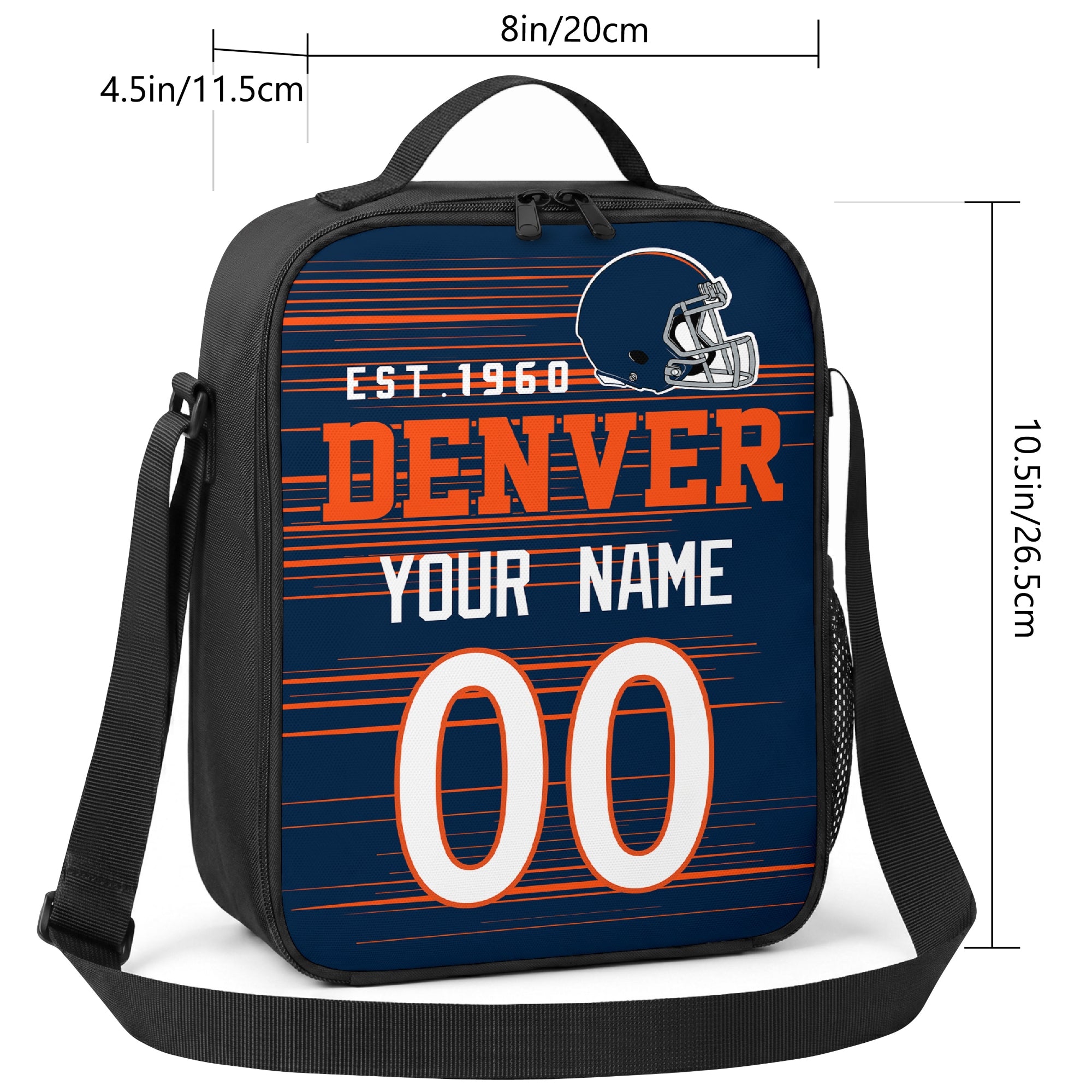 Denver personalized football shoulder bag size guide showing 8 inch width 4.5 inch depth and 10.5 inch height