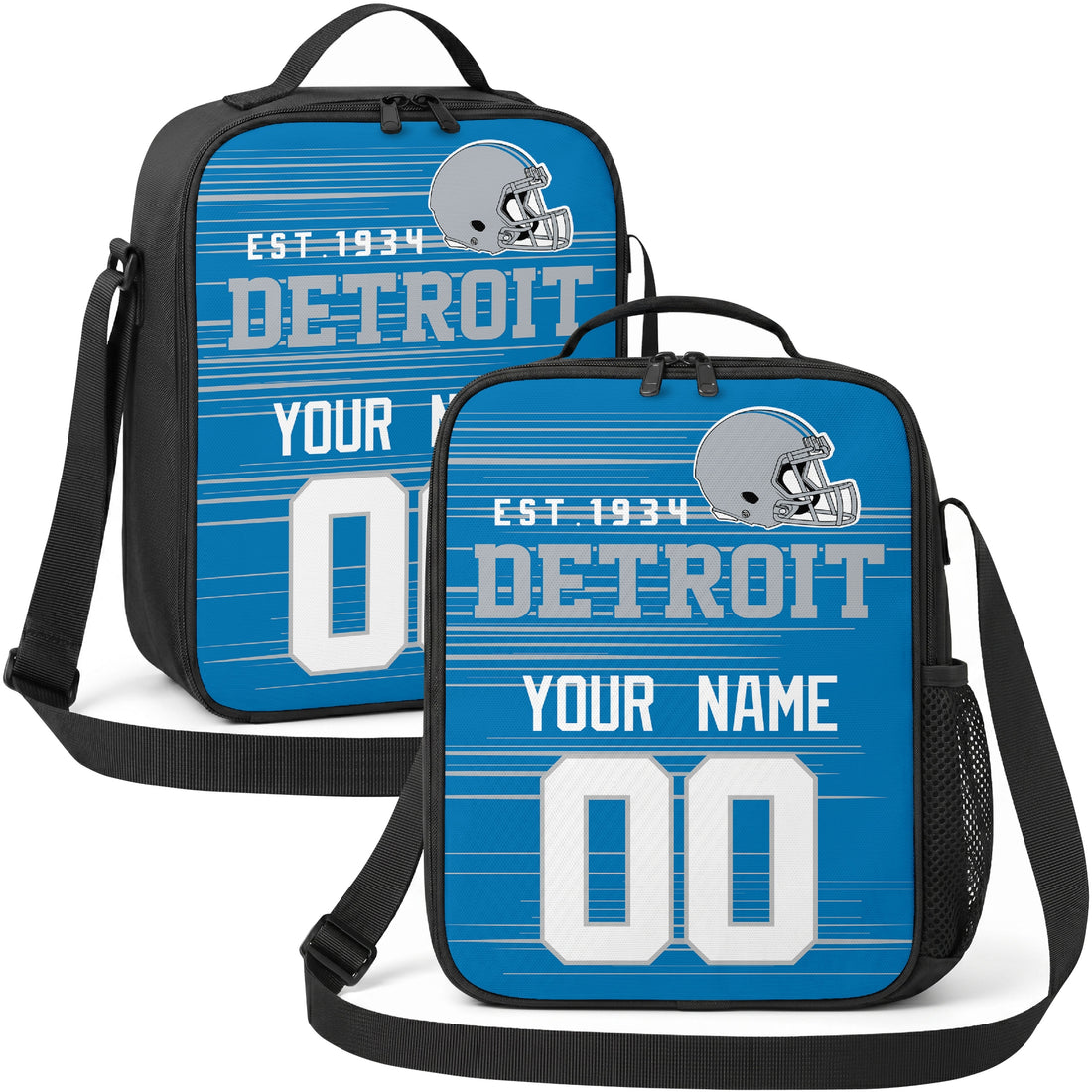Detroit personalized football shoulder bag in blue light blue and white showing front and angled views with custom name and number