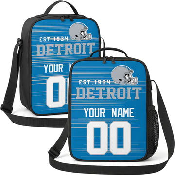 Detroit personalized football shoulder bag in blue light blue and white showing front and angled views with custom name and number