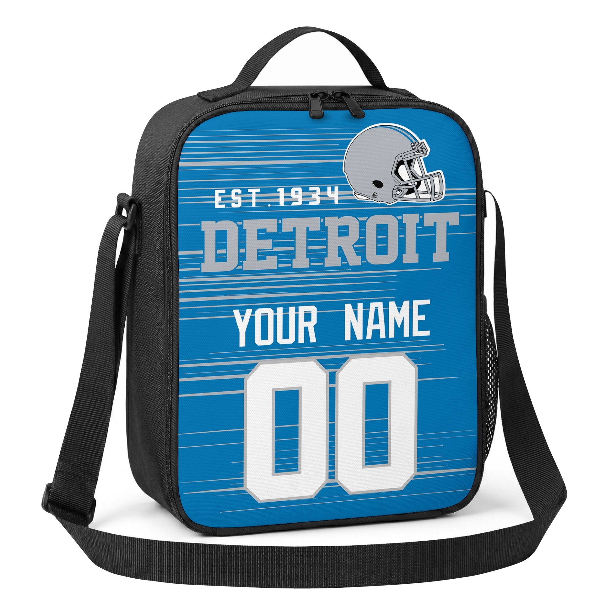 Detroit blue light blue and white personalized football shoulder bag angled view with top handle and shoulder strap