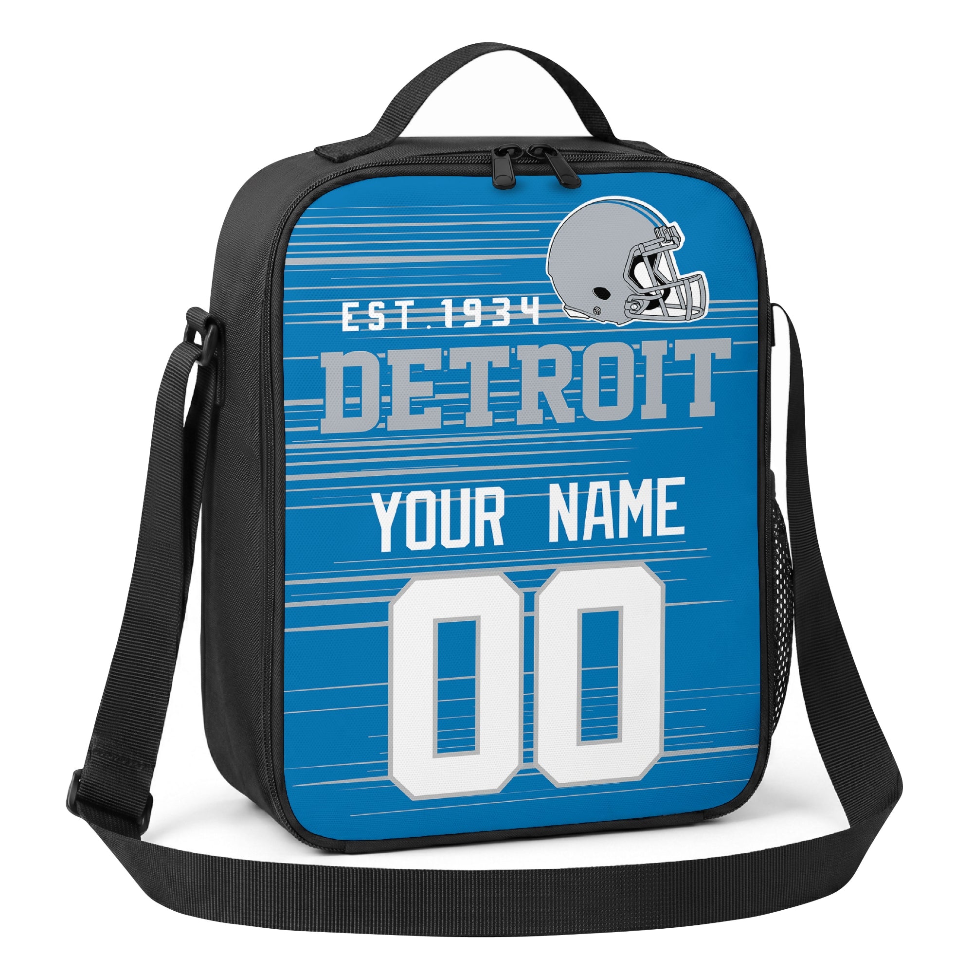 Detroit blue light blue and white personalized football shoulder bag angled view with top handle and shoulder strap