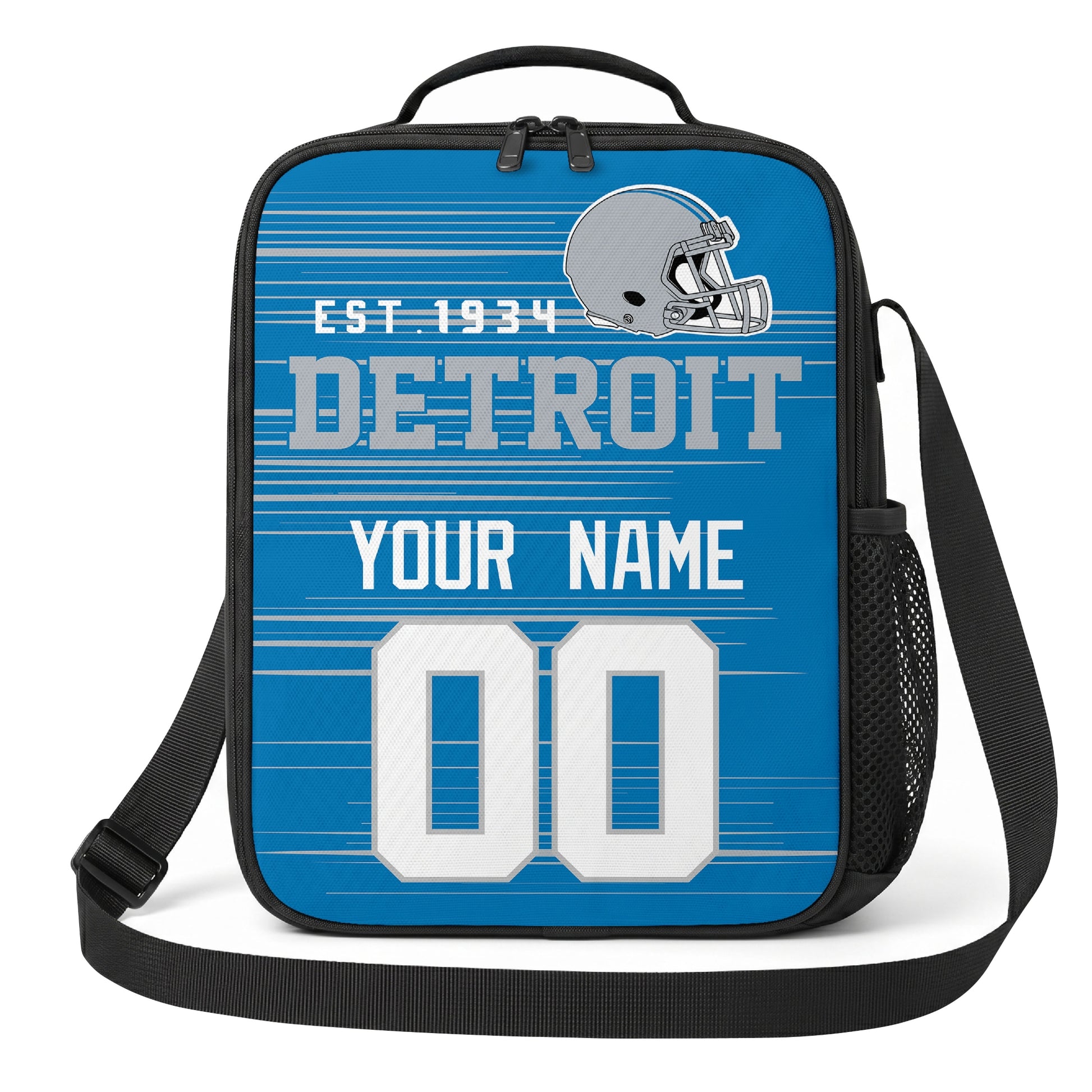 Detroit blue light blue and white personalized football shoulder bag alternate angled view with side mesh pocket and custom name number design