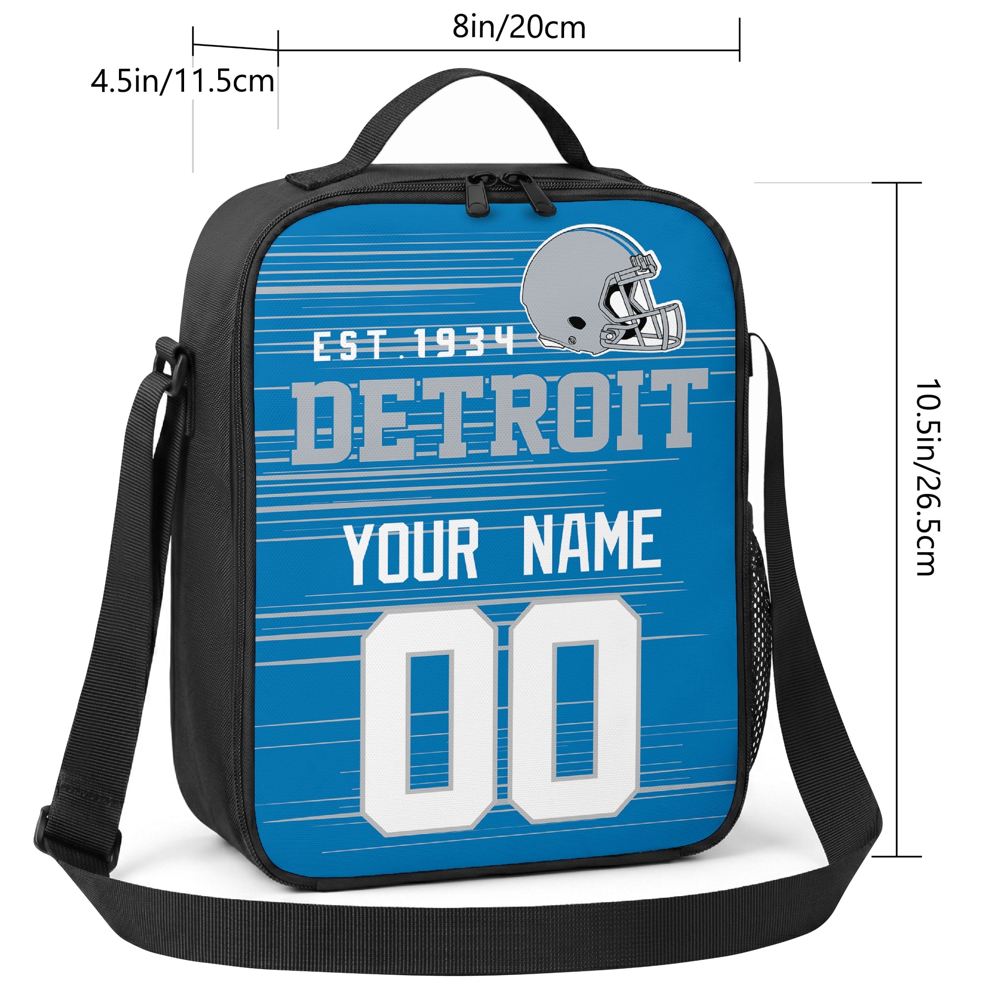 Detroit personalized football shoulder bag size guide showing 8 inch width 4.5 inch depth and 10.5 inch height