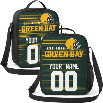 Green Bay personalized football shoulder bag in dark green gold and white showing front and angled views with custom name and number