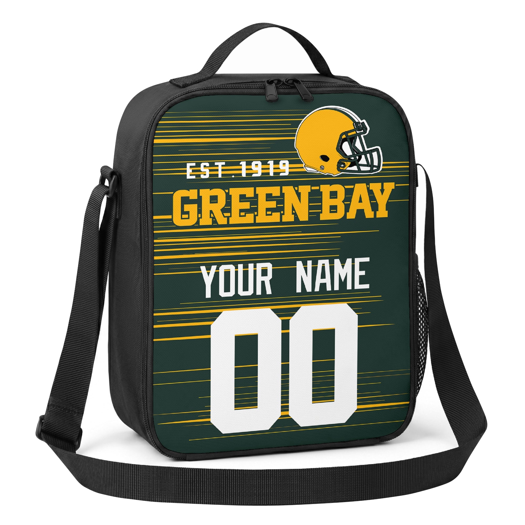 Green Bay dark green gold and white personalized football shoulder bag angled view with top handle and shoulder strap