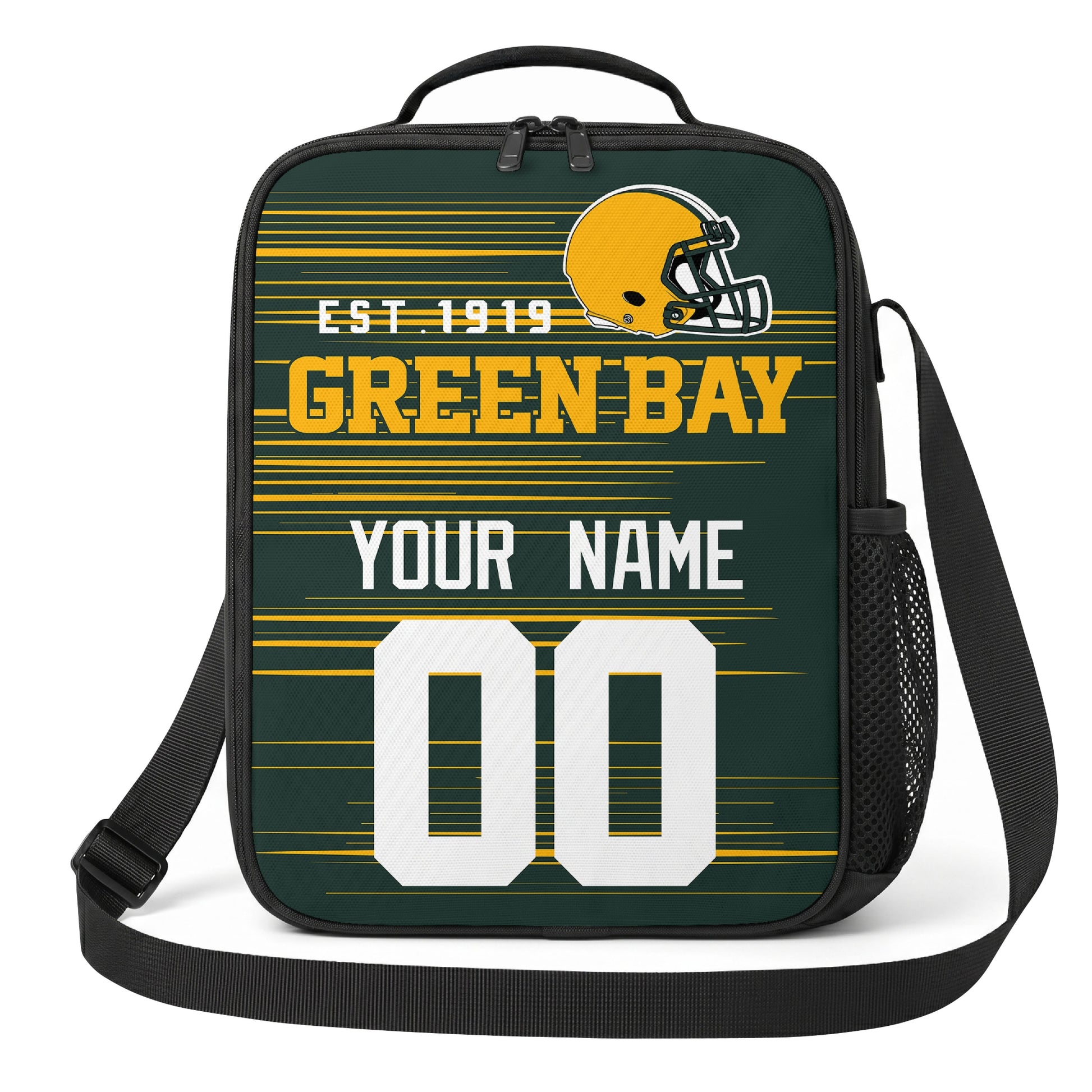 Green Bay dark green gold and white personalized football shoulder bag alternate angled view with side mesh pocket and custom name number design