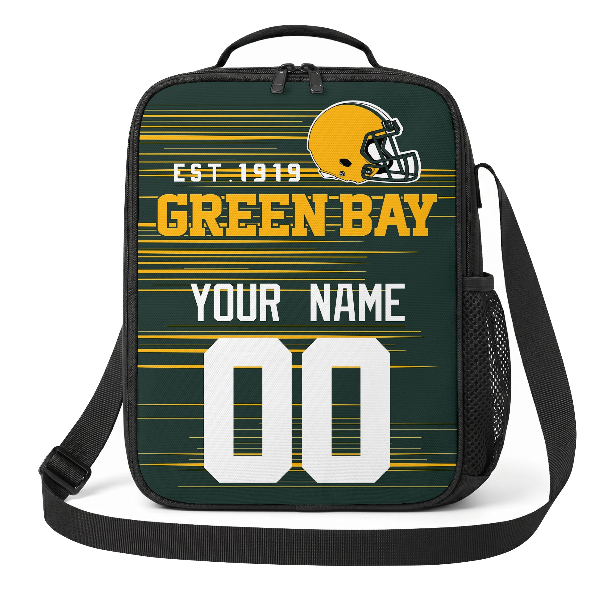 Green Bay dark green gold and white personalized football shoulder bag alternate angled view with side mesh pocket and custom name number design