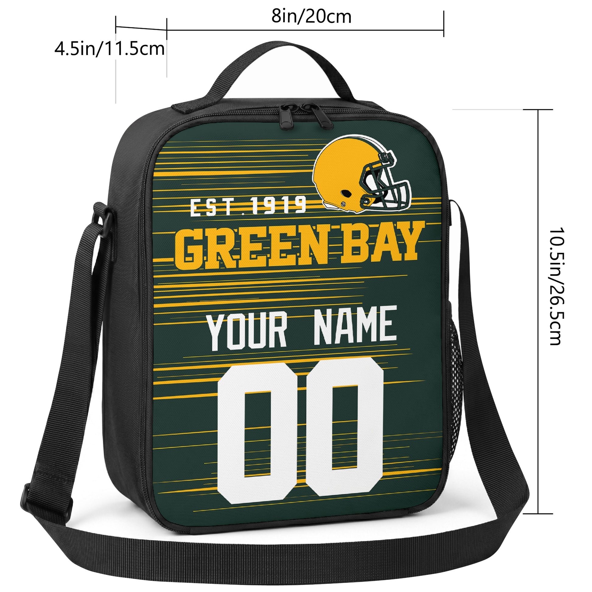 Green Bay personalized football shoulder bag size guide showing 8 inch width 4.5 inch depth and 10.5 inch height