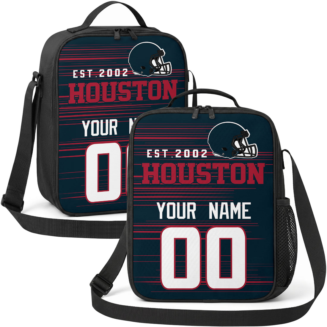 Houston personalized football shoulder bag in navy red and white showing front and angled views with custom name and number