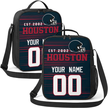 Houston personalized football shoulder bag in navy red and white showing front and angled views with custom name and number