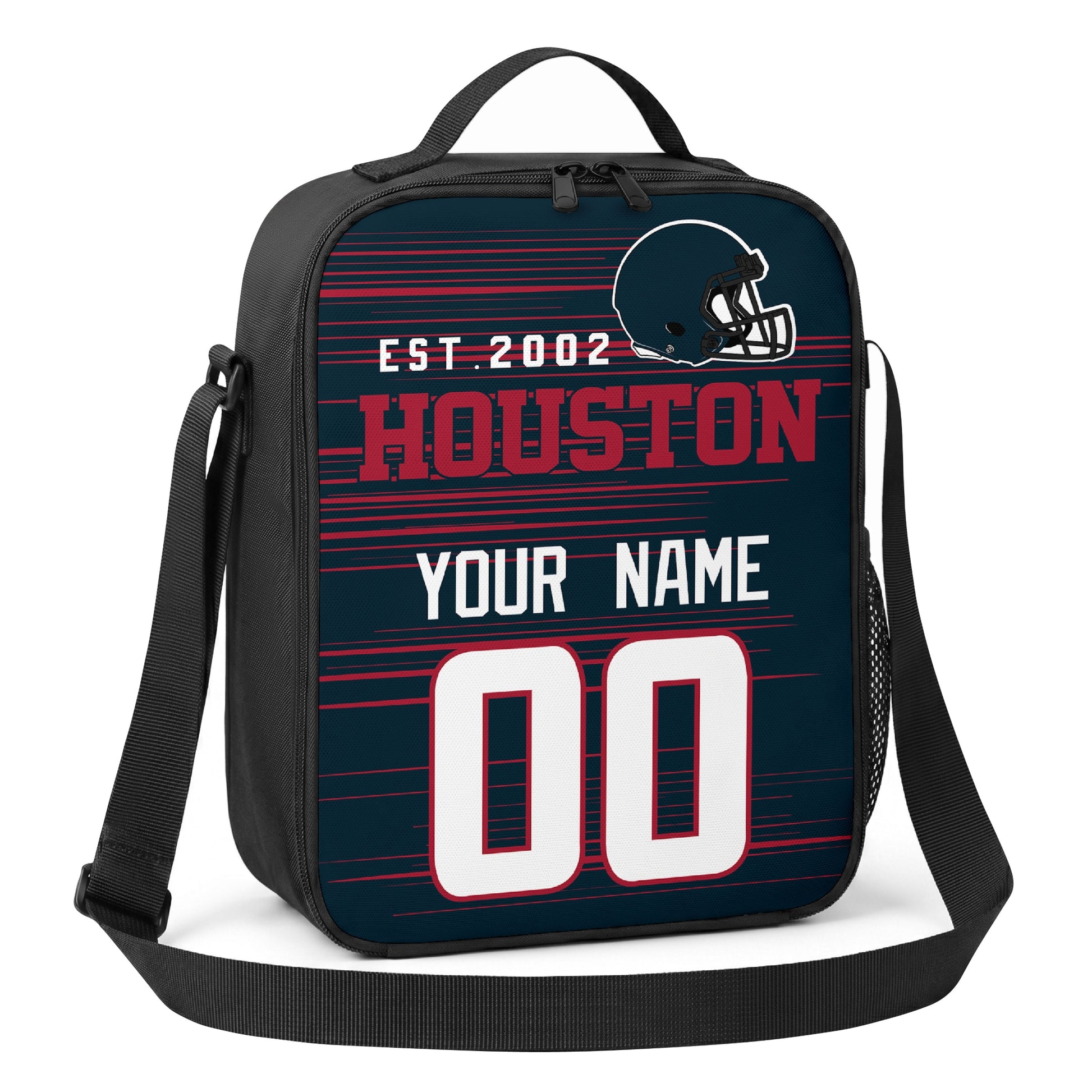 Houston navy red and white personalized football shoulder bag angled view with top handle and shoulder strap