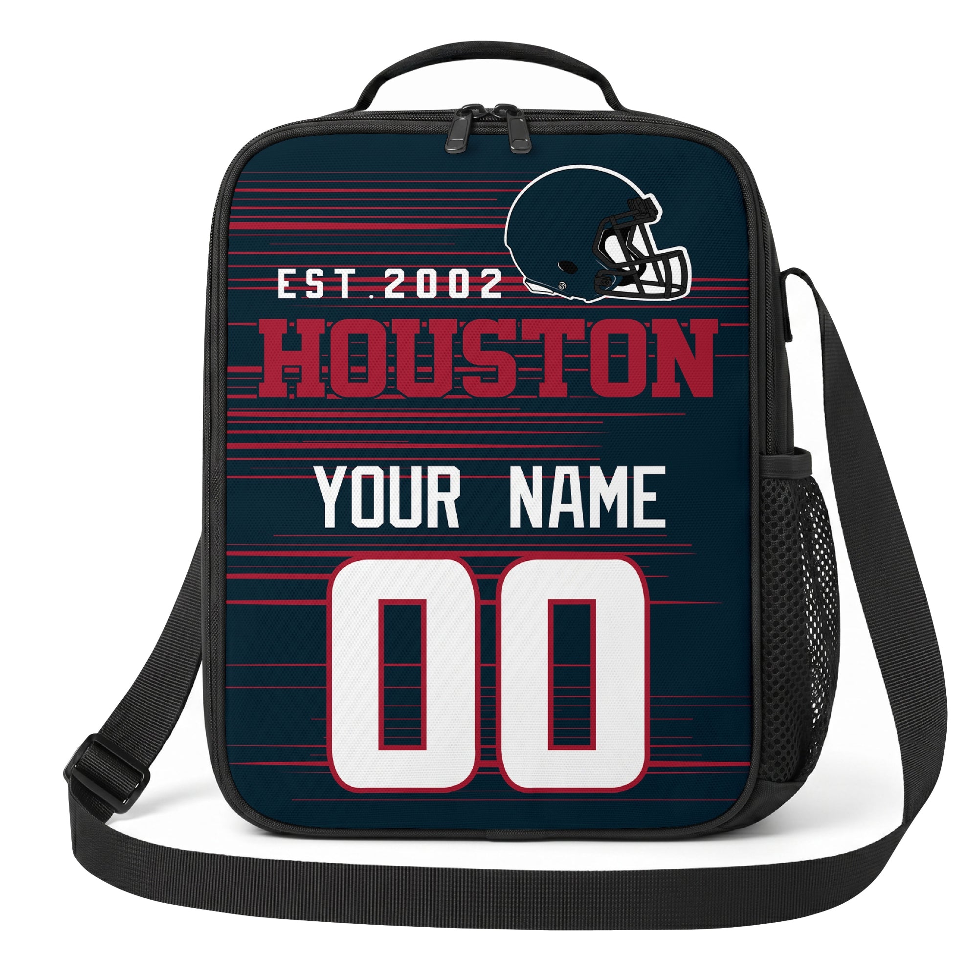 Houston navy red and white personalized football shoulder bag alternate angled view with side mesh pocket and custom name number design