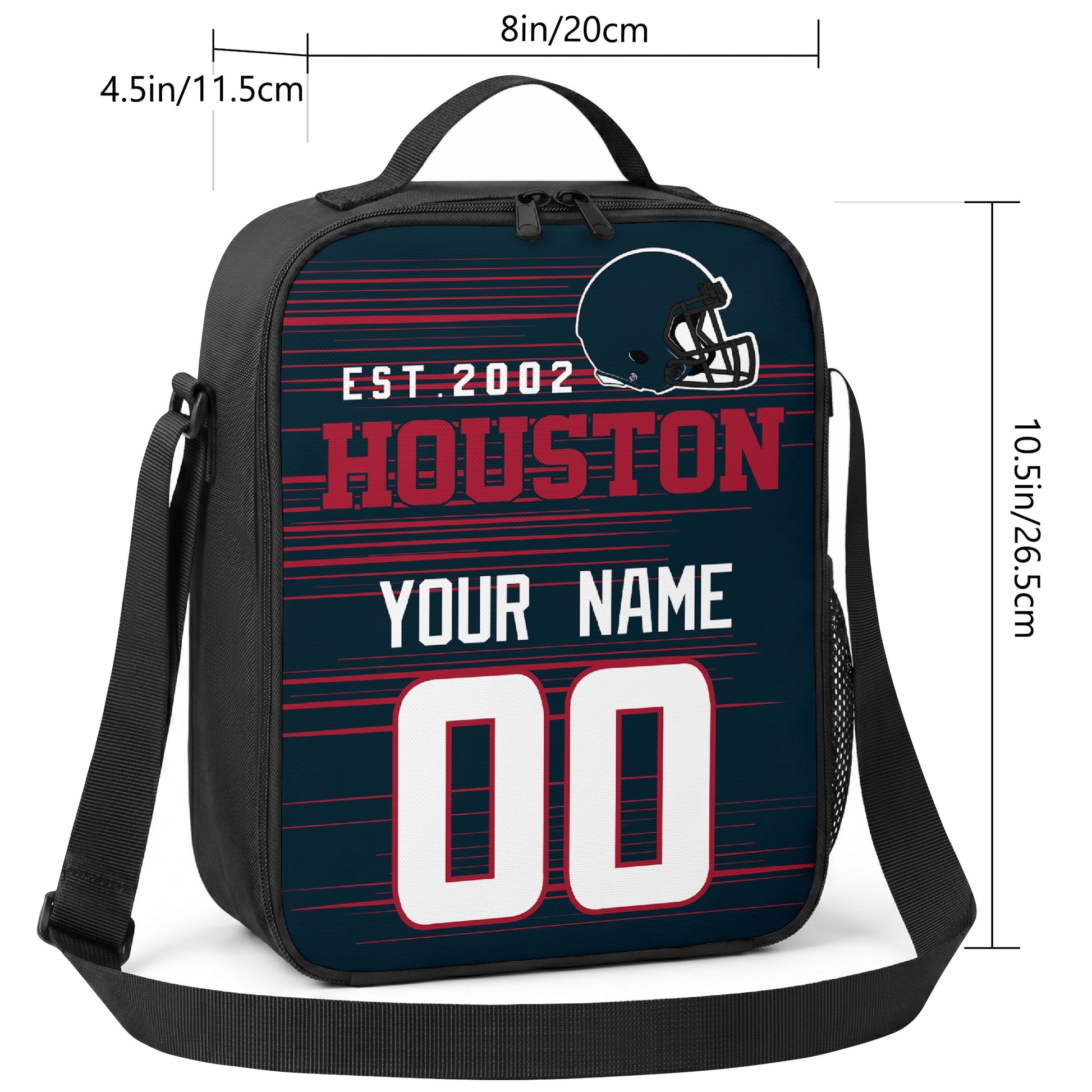 Houston personalized football shoulder bag size guide showing 8 inch width 4.5 inch depth and 10.5 inch height