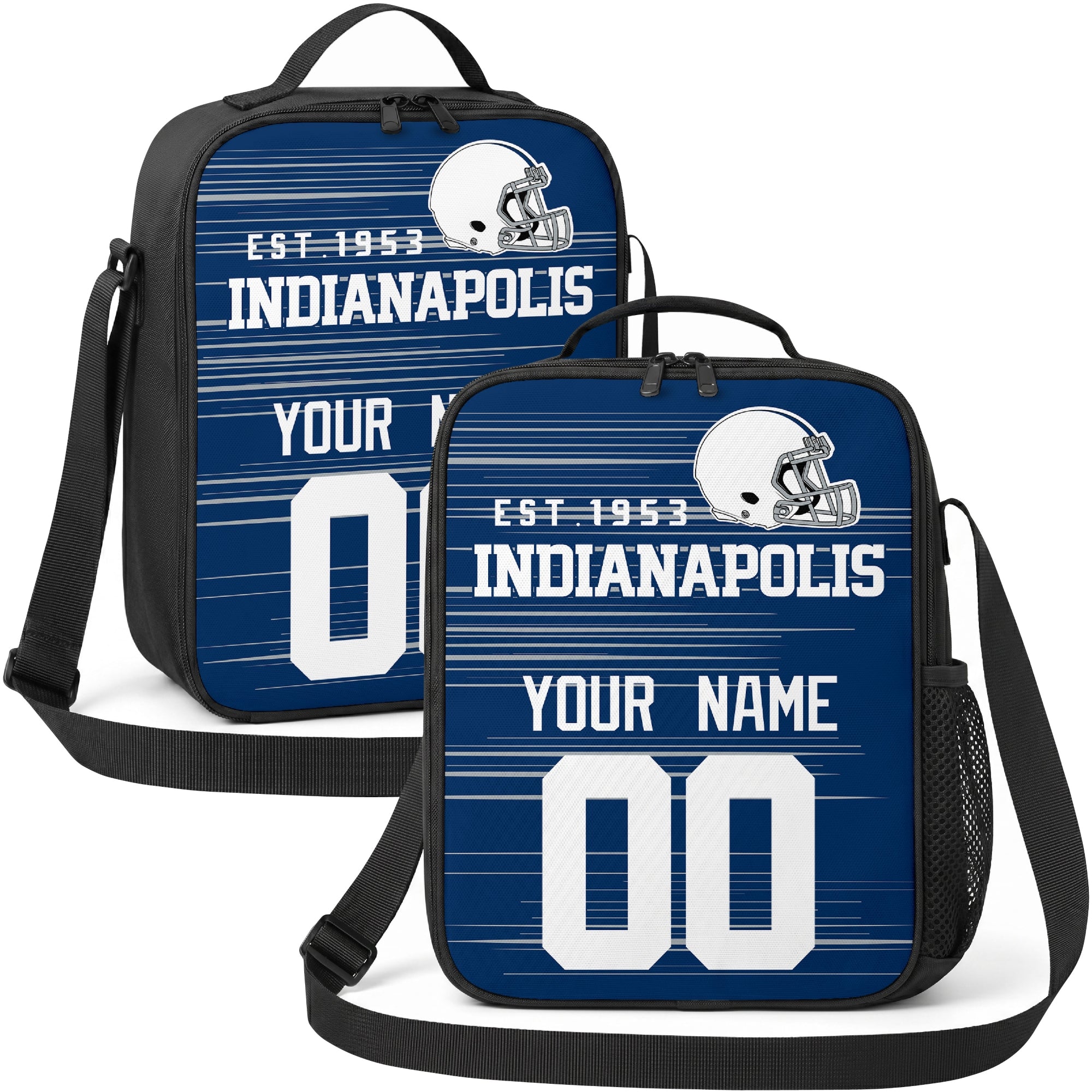 Indianapolis personalized football shoulder bag in royal blue and white showing front and angled views with custom name and number