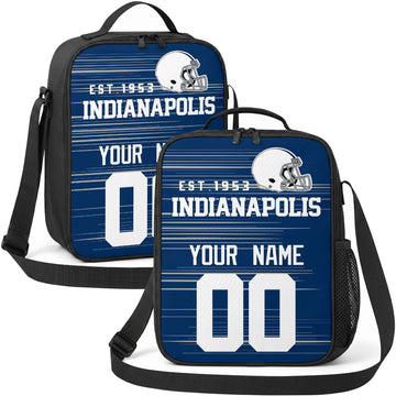 Indianapolis personalized football shoulder bag in royal blue and white showing front and angled views with custom name and number