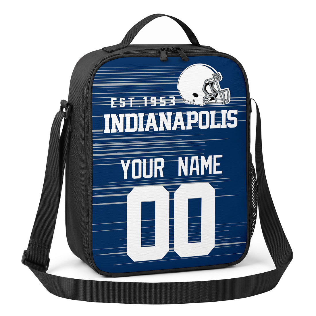 Indianapolis personalized football shoulder bag in royal blue and white showing front and angled views with custom name and number