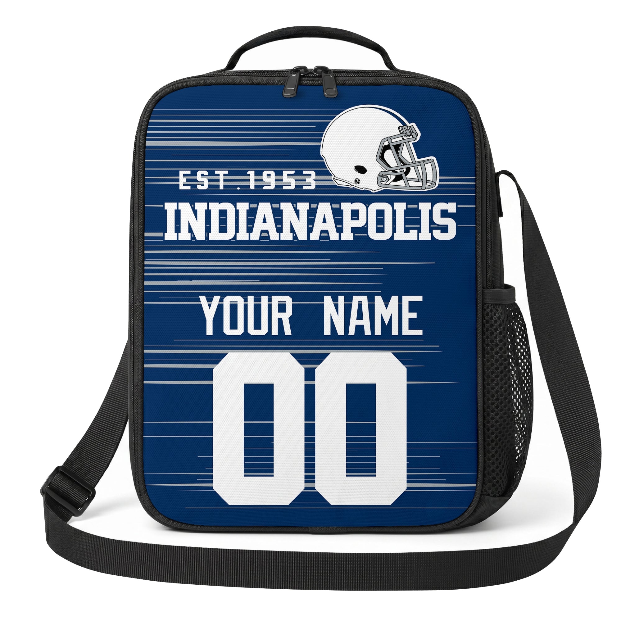 Indianapolis royal blue and white personalized football shoulder bag alternate angled view with side mesh pocket and custom name number design