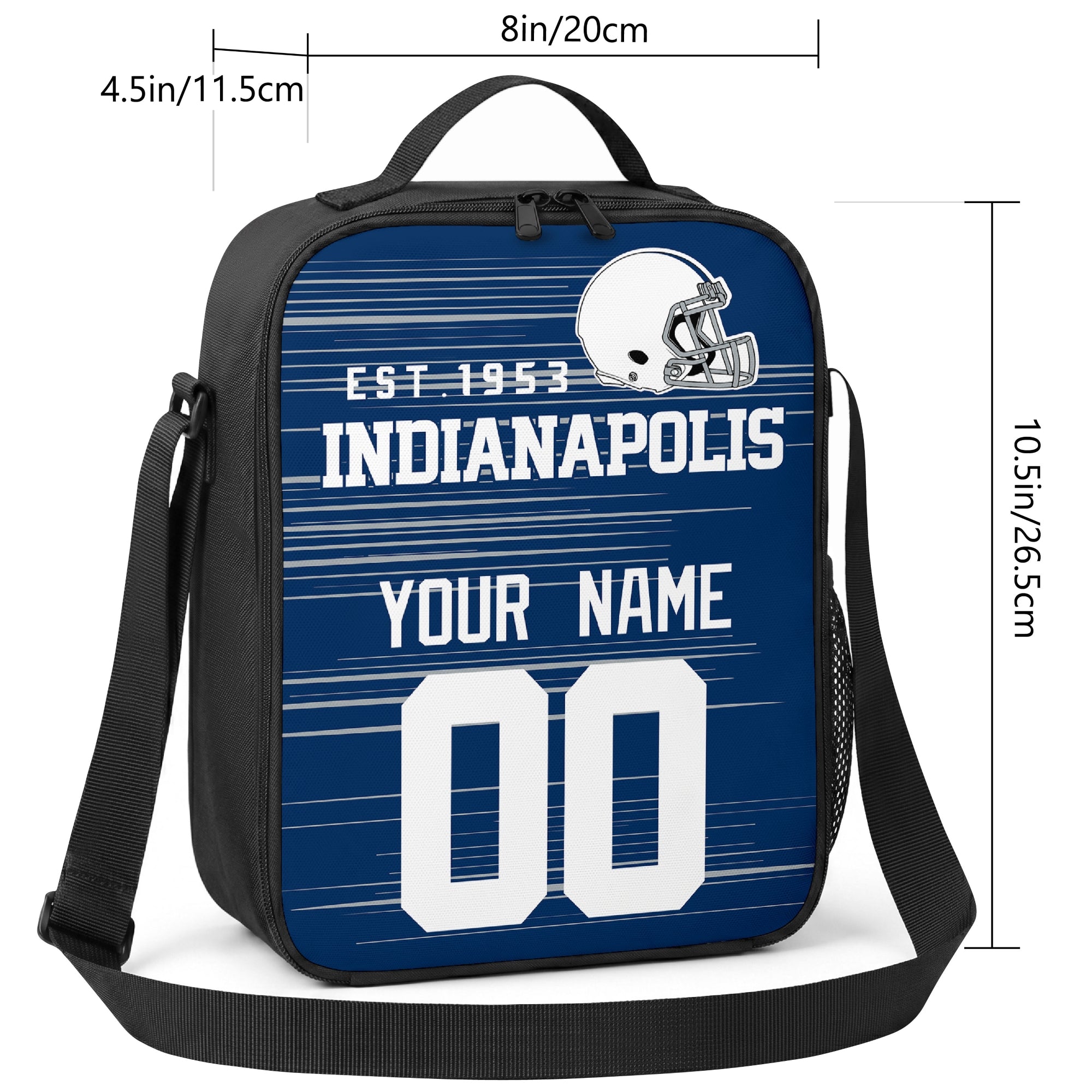 Indianapolis personalized football shoulder bag size guide showing 8 inch width 4.5 inch depth and 10.5 inch height