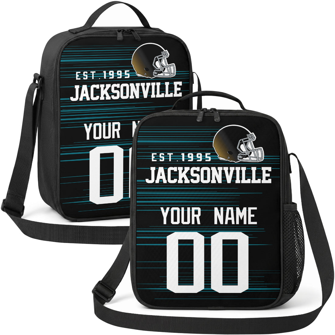 Jacksonville personalized football shoulder bag in black teal and white showing front and angled views with custom name and number