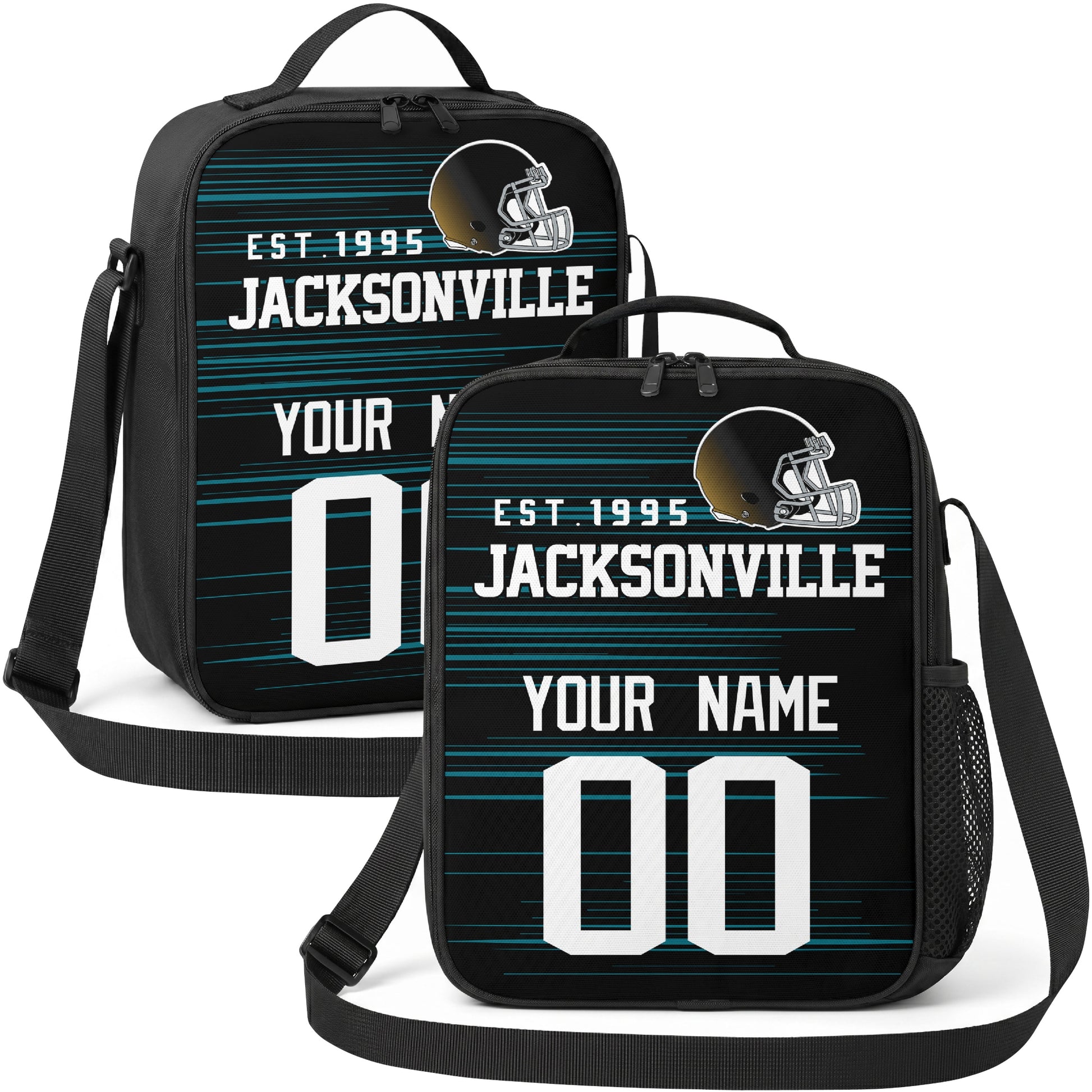Jacksonville personalized football shoulder bag in black teal and white showing front and angled views with custom name and number