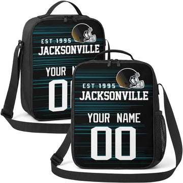 Jacksonville personalized football shoulder bag in black teal and white showing front and angled views with custom name and number
