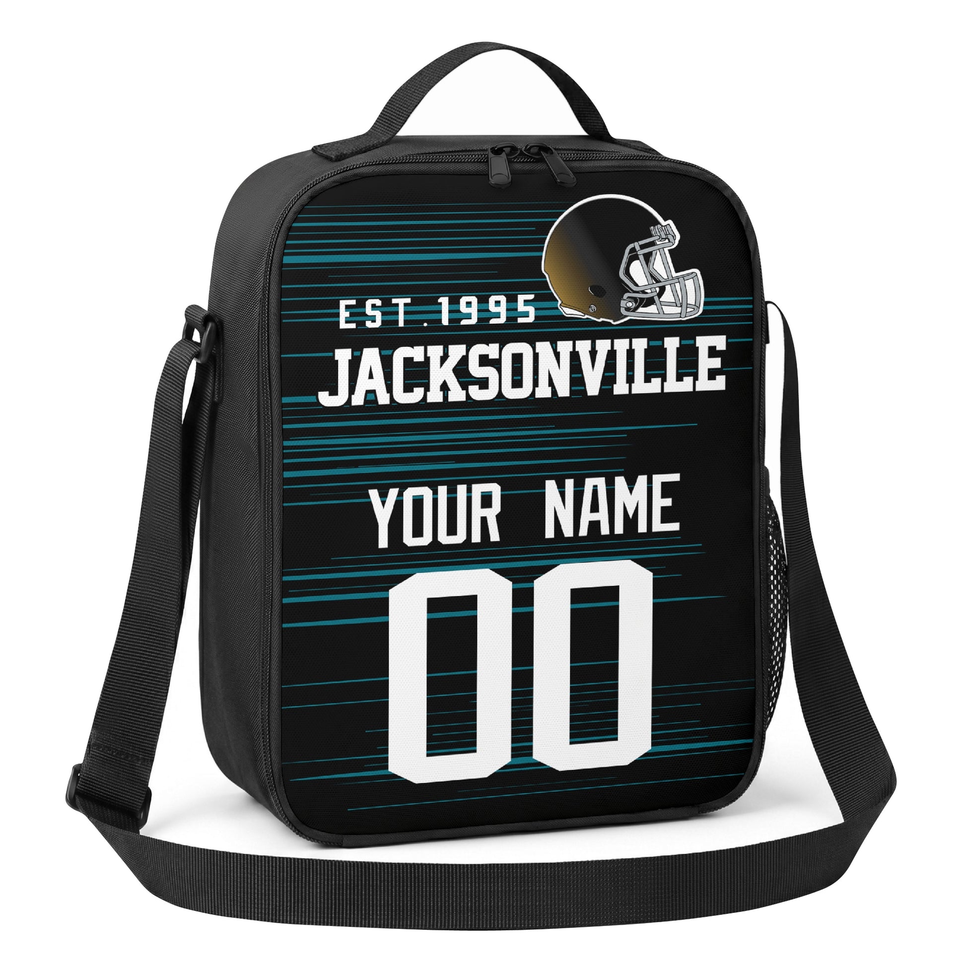 Jacksonville black teal and white personalized football shoulder bag angled view with top handle and shoulder strap