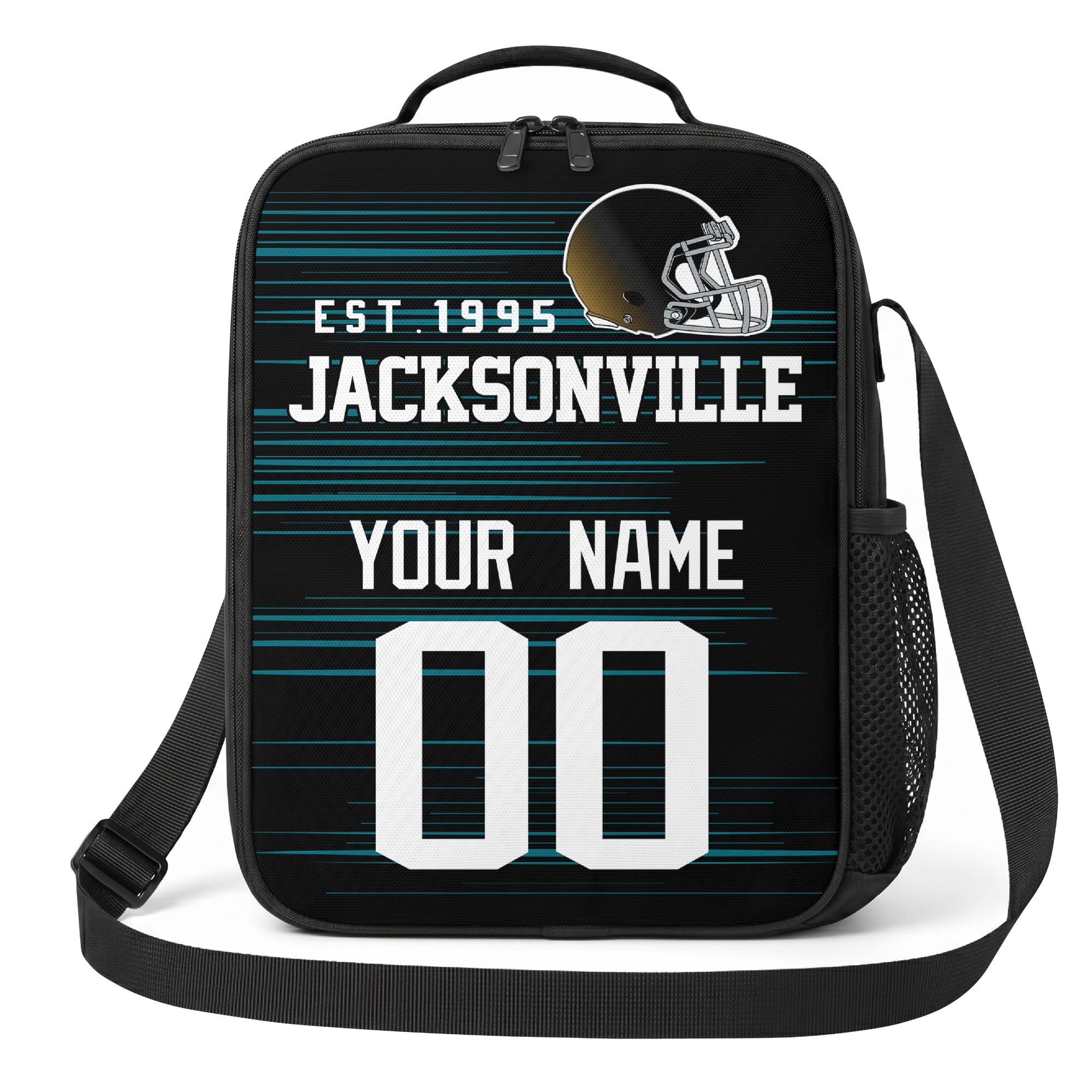 Jacksonville black teal and white personalized football shoulder bag alternate angled view with side mesh pocket and custom name number design