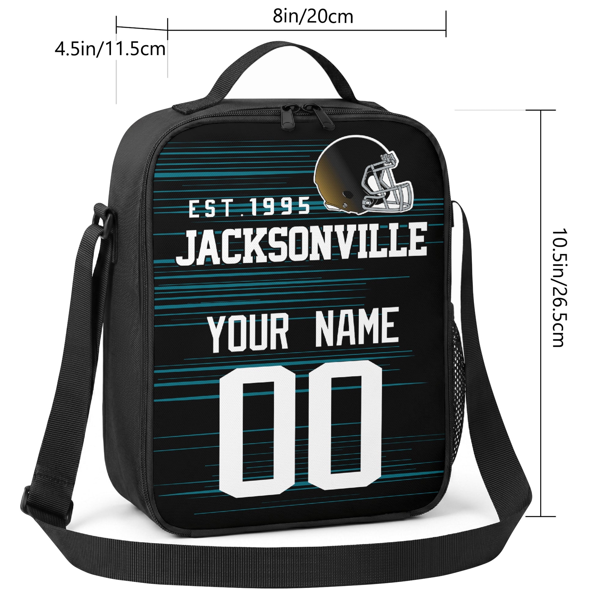 Jacksonville personalized football shoulder bag size guide showing 8 inch width 4.5 inch depth and 10.5 inch height