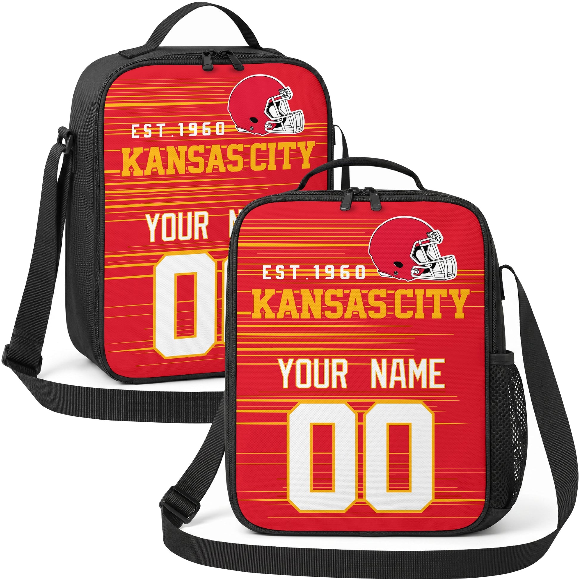 Kansas City personalized football shoulder bag in red gold and white showing front and angled views with custom name and number