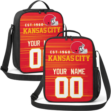 Kansas City personalized football shoulder bag in red gold and white showing front and angled views with custom name and number