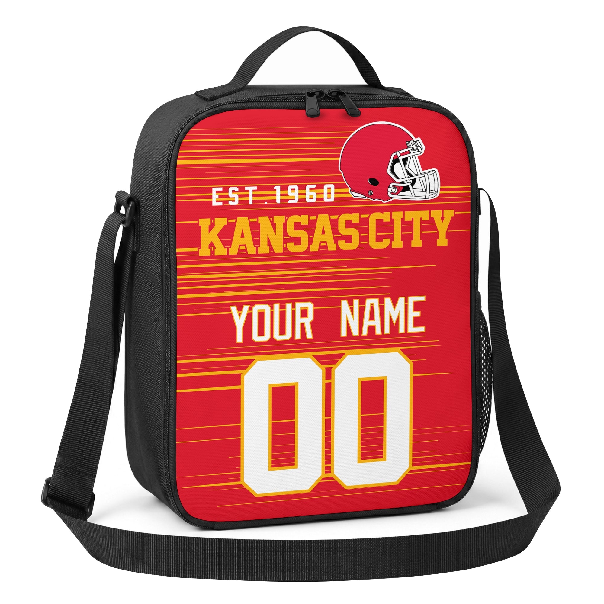 Kansas City red gold and white personalized football shoulder bag angled view with top handle and shoulder strap