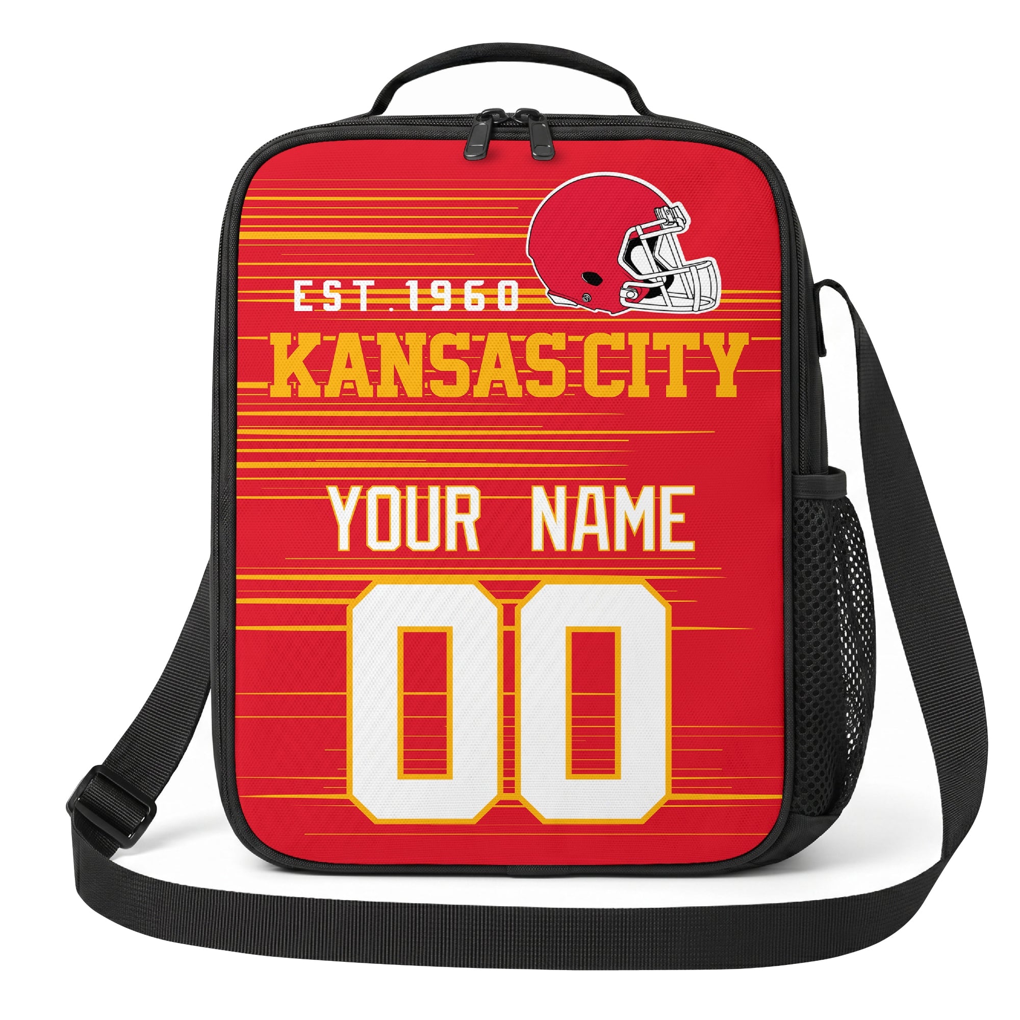 Kansas City red gold and white personalized football shoulder bag alternate angled view with side mesh pocket and custom name number design