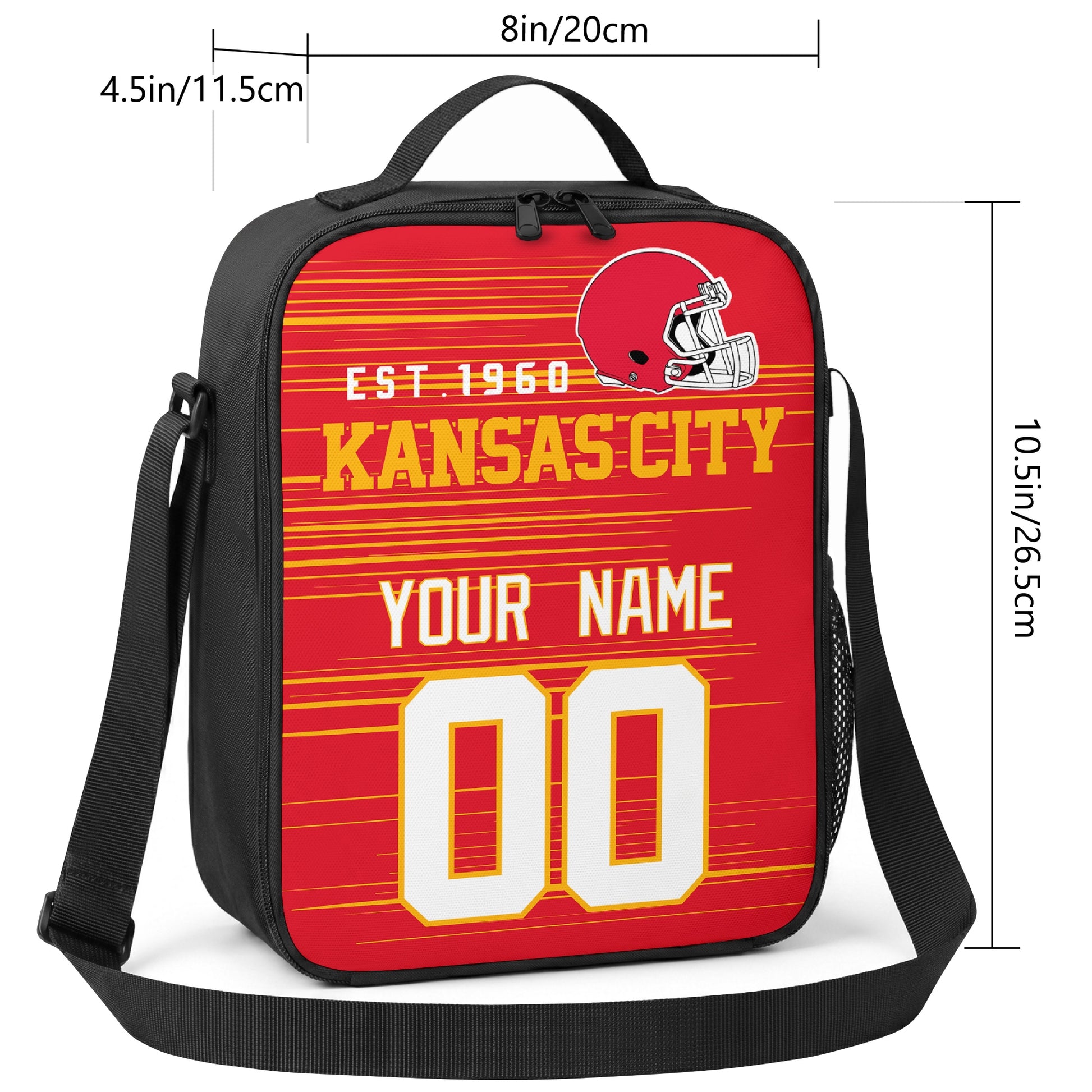 Kansas City personalized football shoulder bag size guide showing 8 inch width 4.5 inch depth and 10.5 inch height