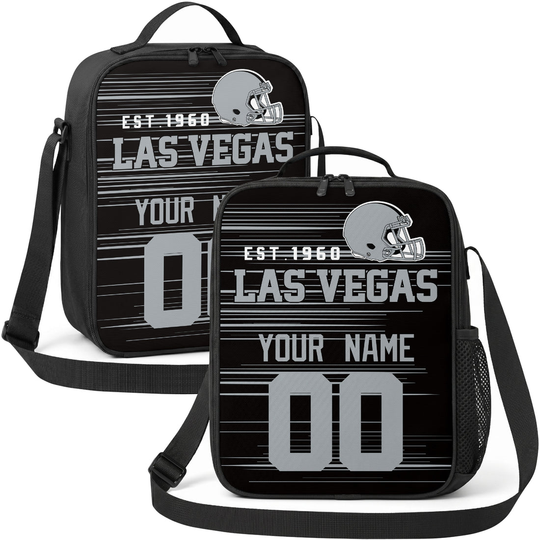 Las Vegas personalized football shoulder bag in black gray and white showing front and angled views with custom name and number